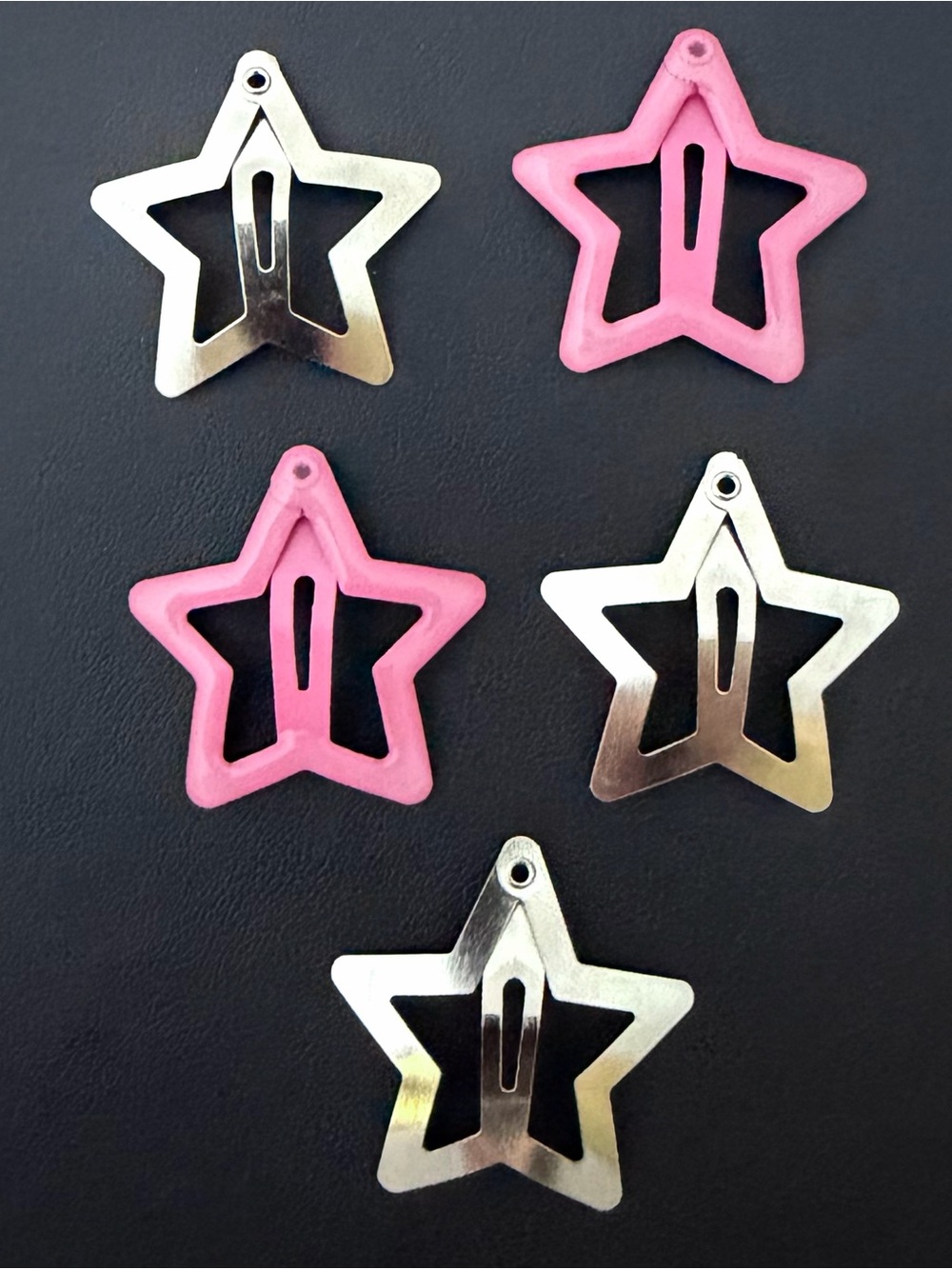 5 Snap Metal Hair Clips Barrettes ~ 2 Glow in the Dark Pink Stars, 3 Silver
